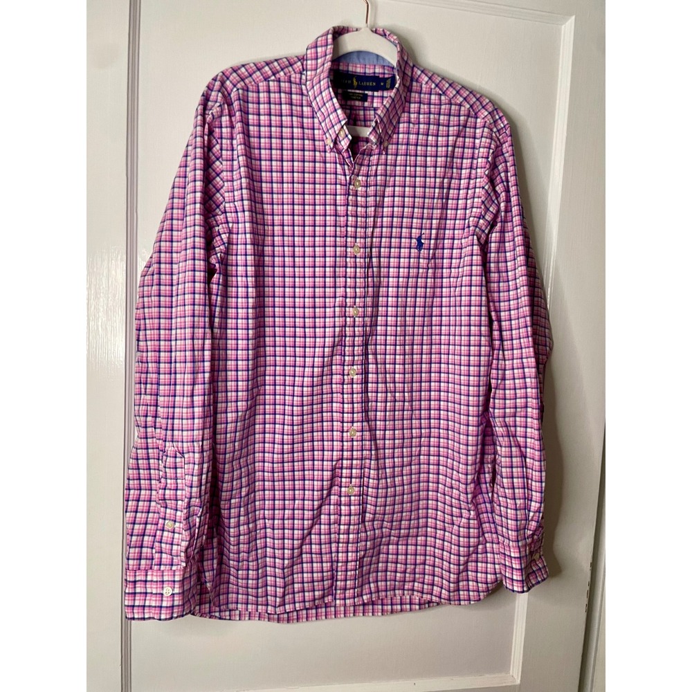 Ralph Lauren Men's Pink‎ Plaid 100% Cotton Stretch Button Down Shirt medium